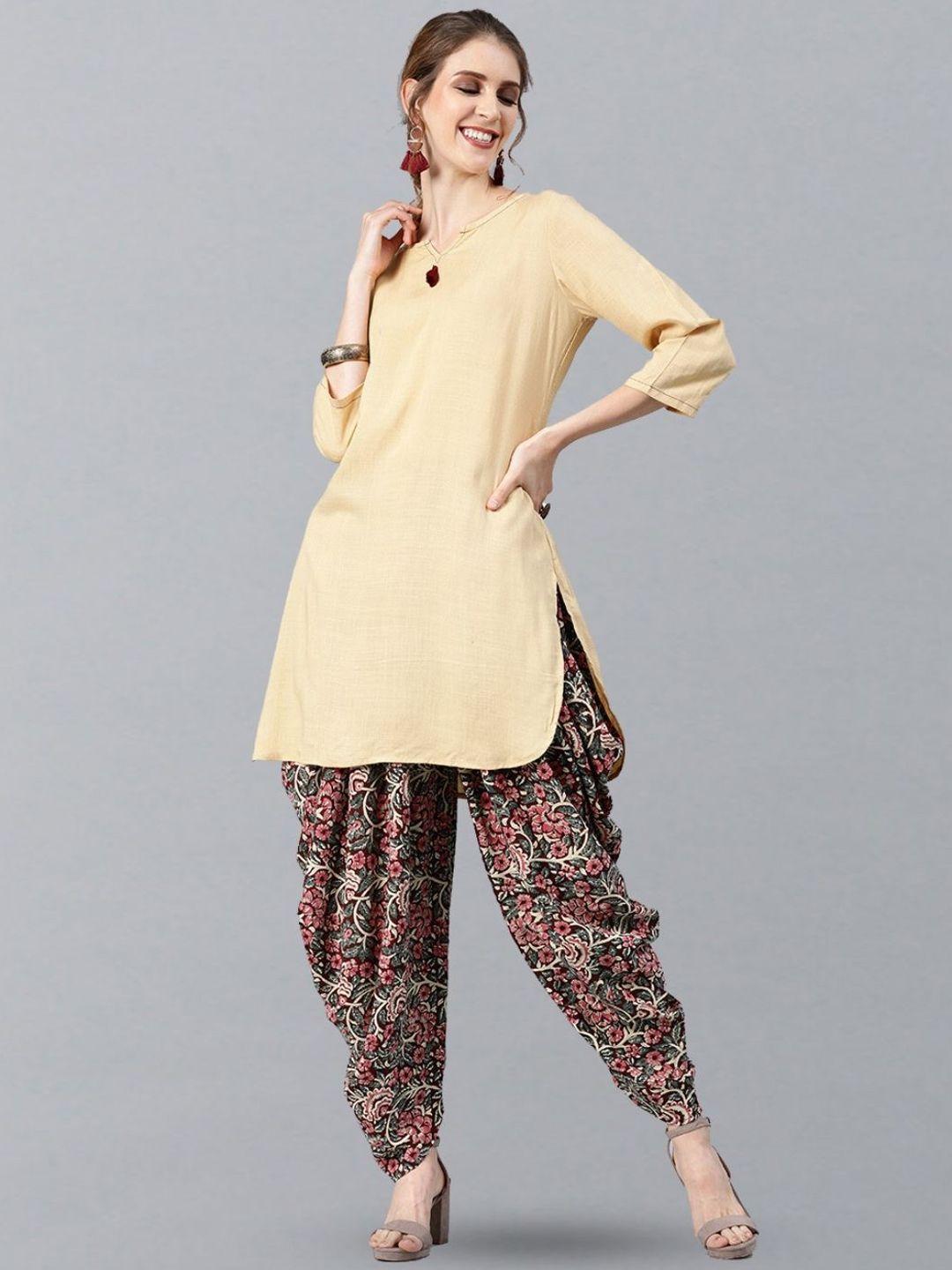 geroo jaipur notched neck straight kurta & block printed patiala