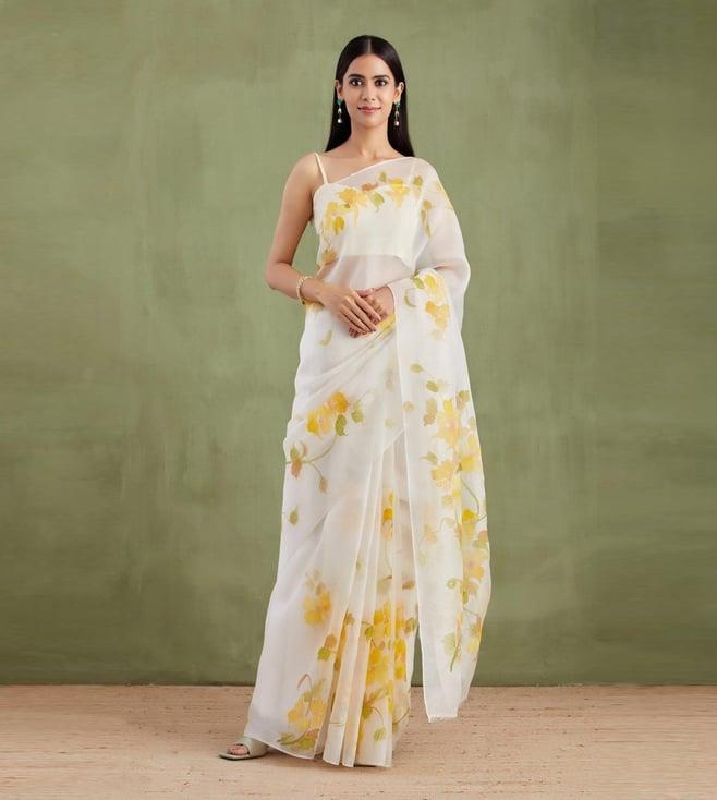 geroo jaipur off white hand painted organza saree