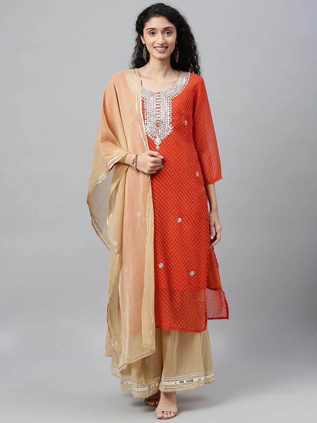 geroo jaipur orange hand dyed leheriya georgette kurta with beige palazzo & dupatta