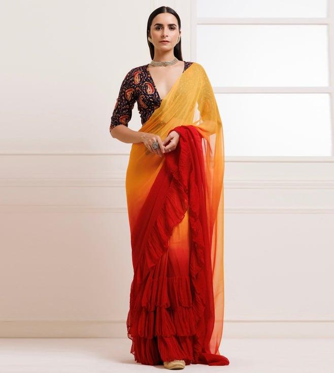 geroo jaipur orange-red  pleated ombre chiffon saree