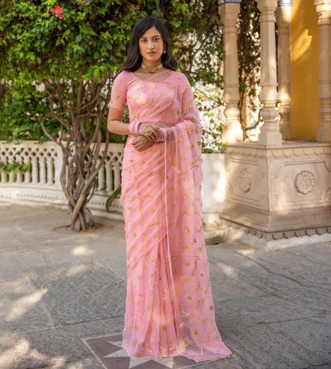 geroo jaipur pastel pink handcrafted gota jaal chiffon saree