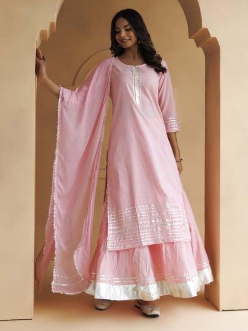 geroo jaipur pastel pink handcrafted straight cotton kurta and skirt with dupatta