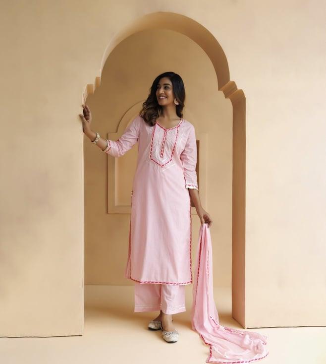 geroo jaipur pastel pink handcrafted straight cotton kurta with palazzo and dupatta