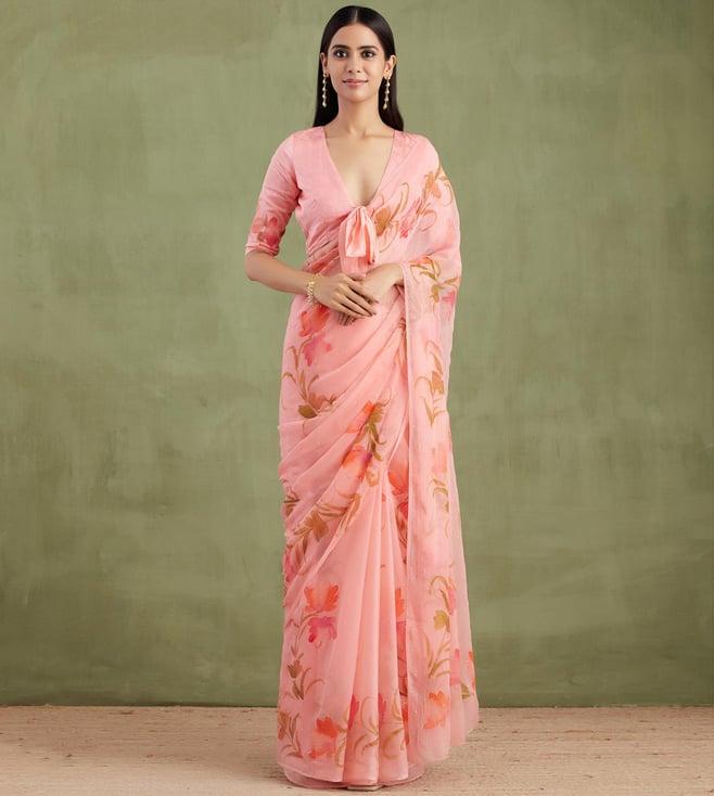 geroo jaipur peach hand painted mukaish chiffon saree