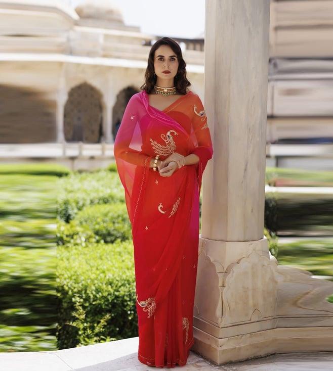 geroo jaipur pink & orange hand embroidered chiffon saree