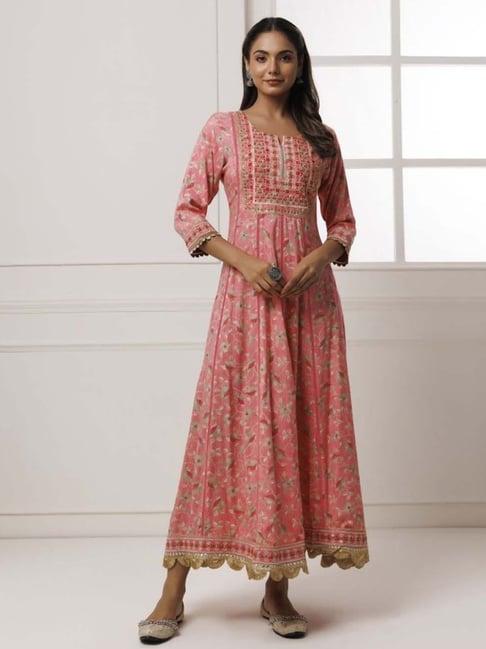 geroo jaipur pink cotton-rayon embroidered long dress