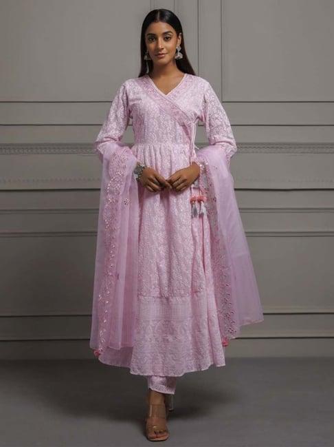 geroo jaipur pink georgette handcrafted angrakha kurta and pant with organza dupatta