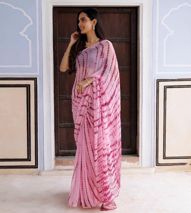 geroo jaipur pink hand dyed shibori bandhani chiffon saree with blouse