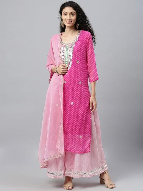 geroo jaipur pink hand embroidered georgette kurta with palazzo & dupatta