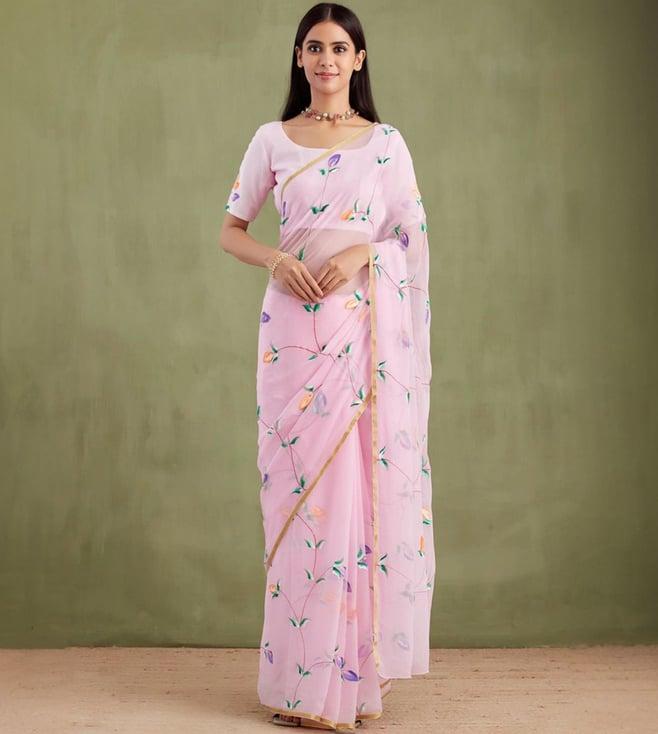 geroo jaipur pink hand painted chiffon saree