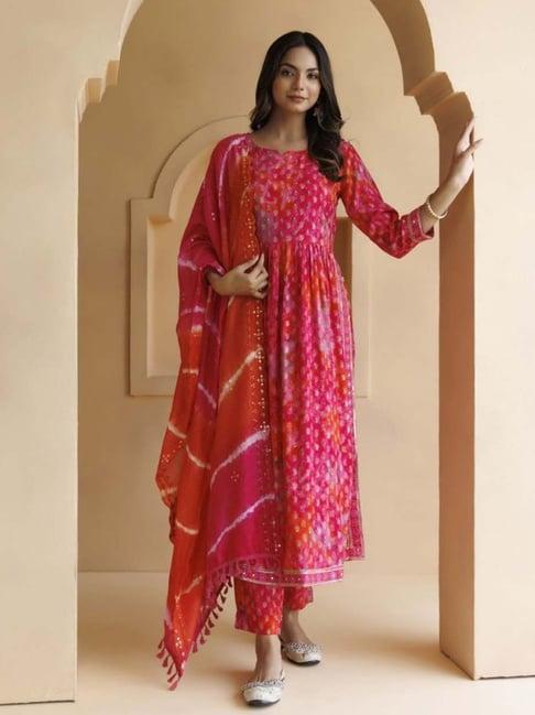 geroo jaipur pink shaded cotton-rayon embroidered kurta and pant with silk dupatta