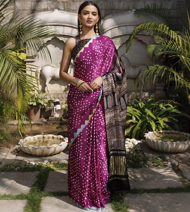 geroo jaipur purple & black bandhani silk saree with ajrakh zari pallu