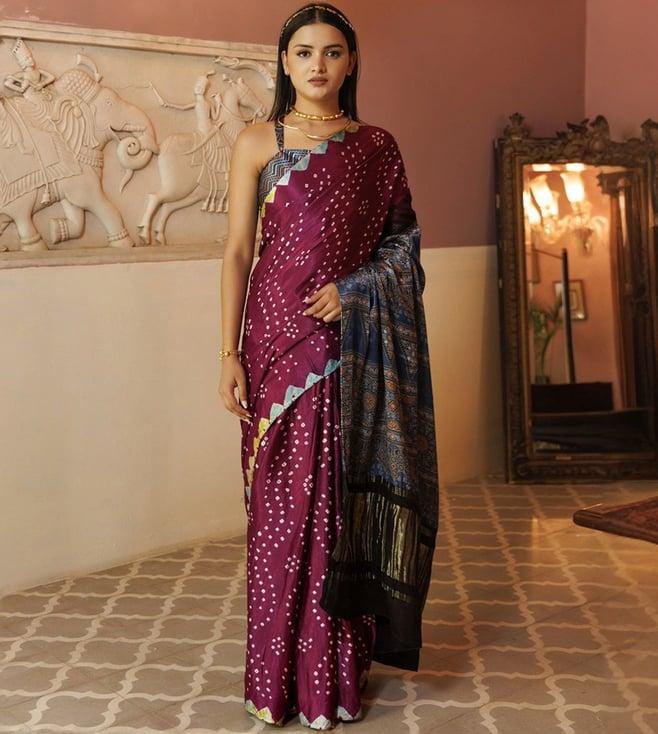 geroo jaipur purple & blue bandhani silk saree with ajrakh zari pallu