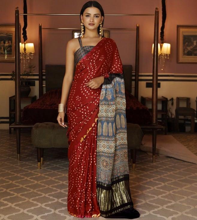 geroo jaipur red & blue bandhani silk saree with ajrakh zari pallu