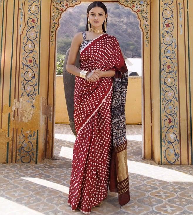 geroo jaipur red bandhani silk saree with ajrakh zari pallu