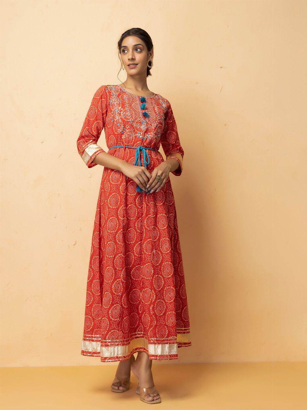 geroo jaipur red ethnic motifs cotton maxi dress