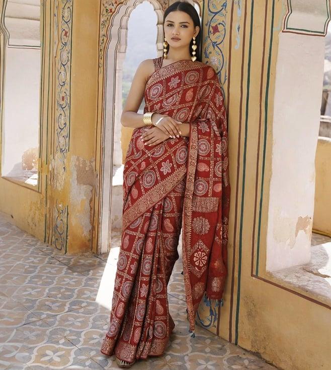 geroo jaipur red gharchola ajrakh handblock print zari silk saree