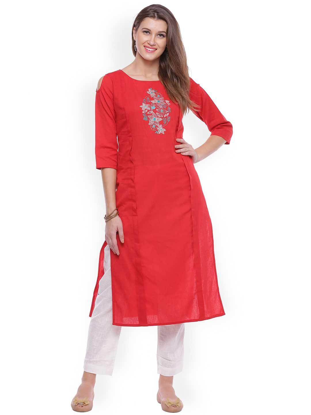 geroo jaipur red hand embroidered straight pure cotton kurta