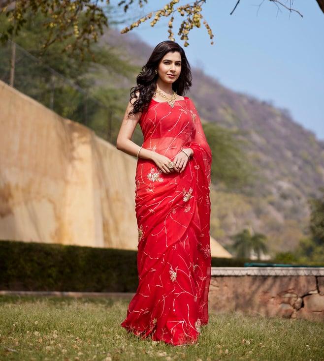 geroo jaipur red-orange shaded hand embroidered jaal chiffon saree