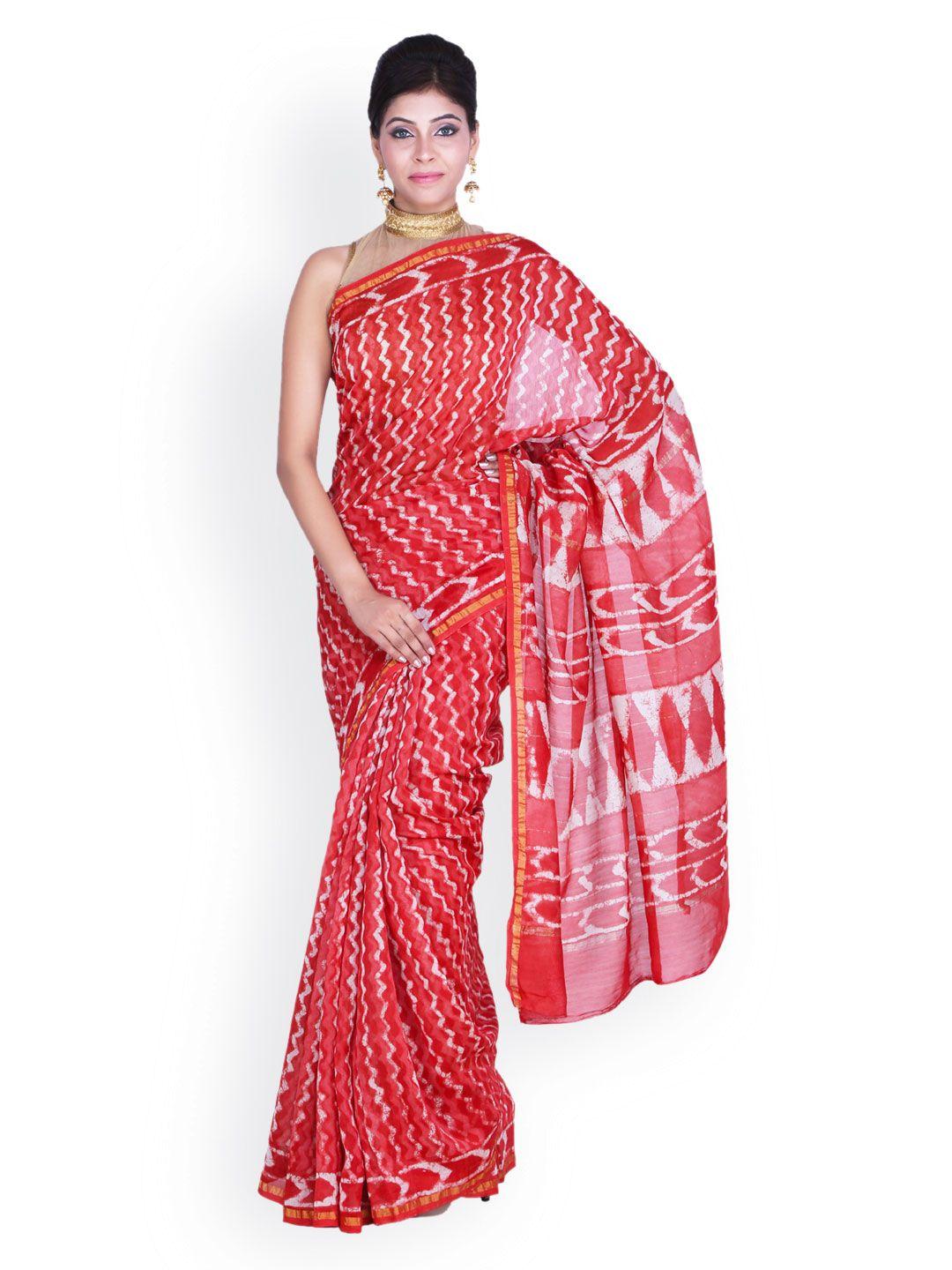 geroo jaipur red printed chanderi & cotton handloom sustainable saree