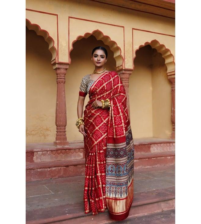 geroo jaipur red pure bandhani gharchola zari silk saree with ajrakh pallu