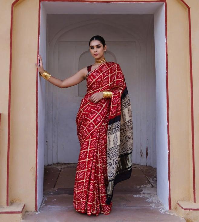 geroo jaipur red pure bandhani gharchola zari silk saree with ajrakh pallu