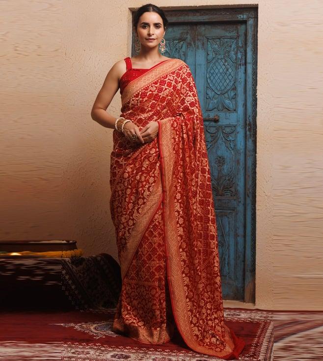 geroo jaipur red pure georgette zari woven gharchola bandhani saree