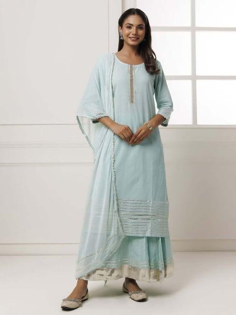 geroo jaipur sea green handcrafted straight cotton kurta and skirt with dupatta