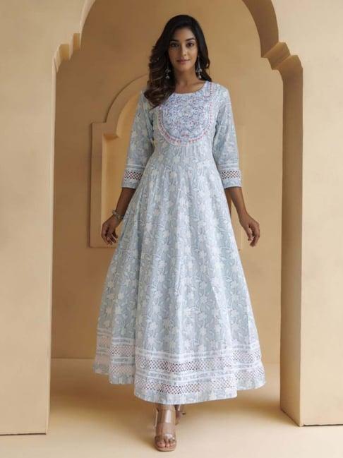 geroo jaipur sky blue cotton floral embroidered long dress