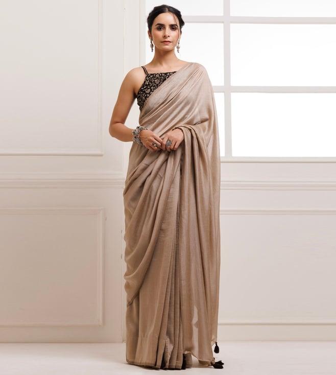 geroo jaipur taupe solid silk saree with stitched embroidered blouse