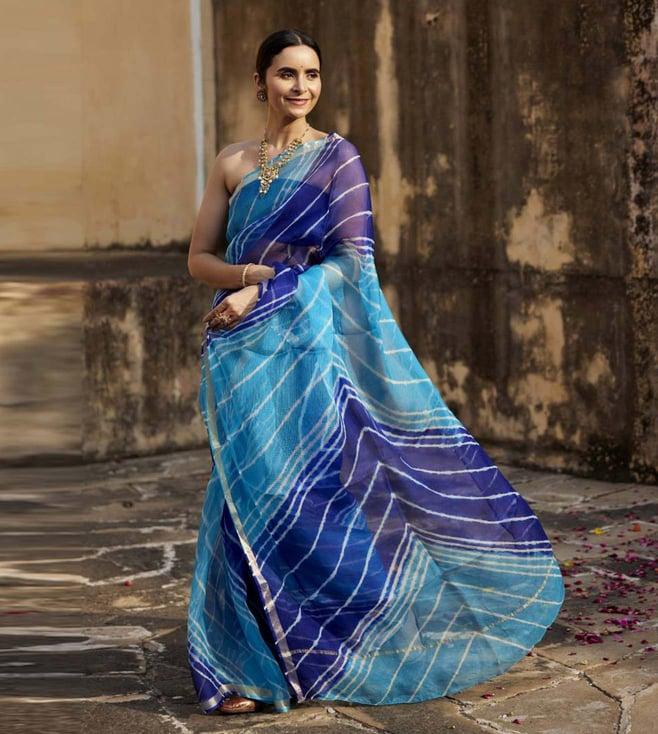 geroo jaipur turquoise blue pure kota silk hand dyed leheriya saree