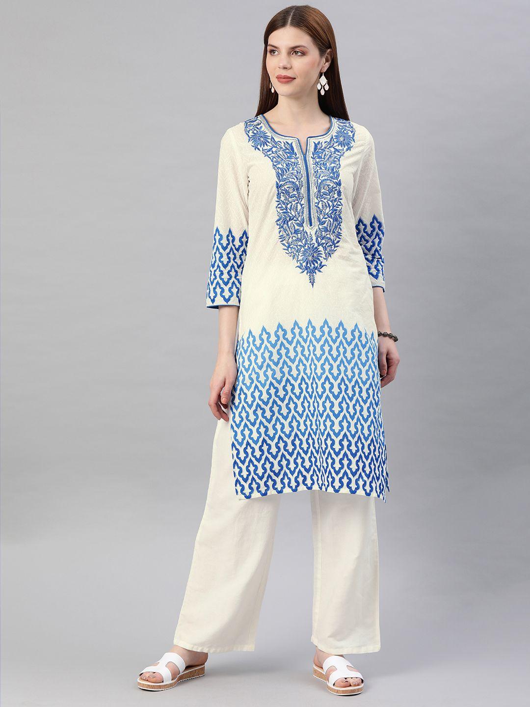 geroo jaipur white & blue embroidered straight cotton sustainable kurta