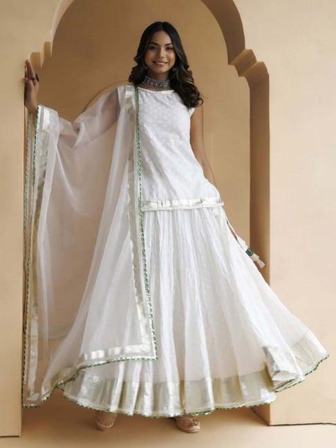 geroo jaipur white cotton hand embroidered kurta and skirt with organza dupatta