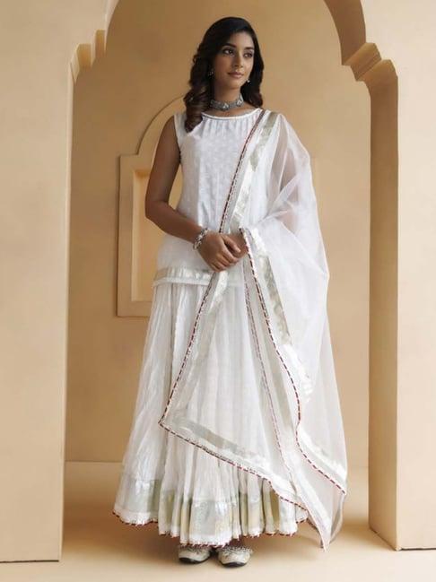 geroo jaipur white cotton hand embroidered kurta and skirt with organza dupatta