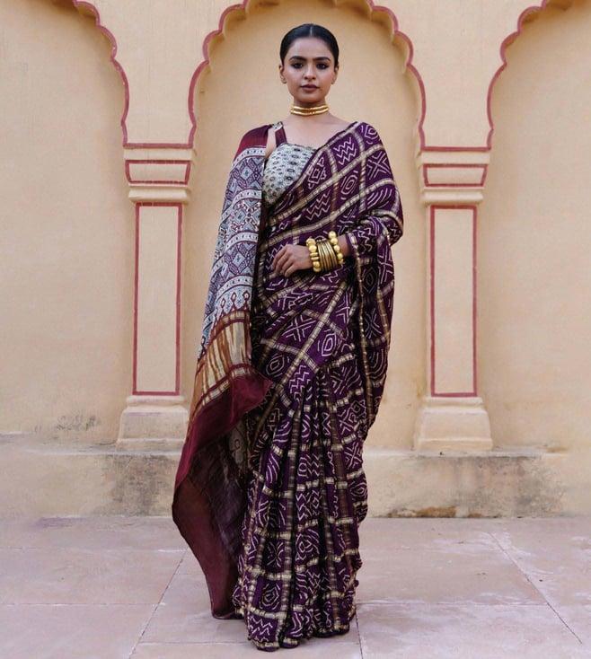 geroo jaipur wine pure bandhani gharchola zari silk saree with ajrakh pallu