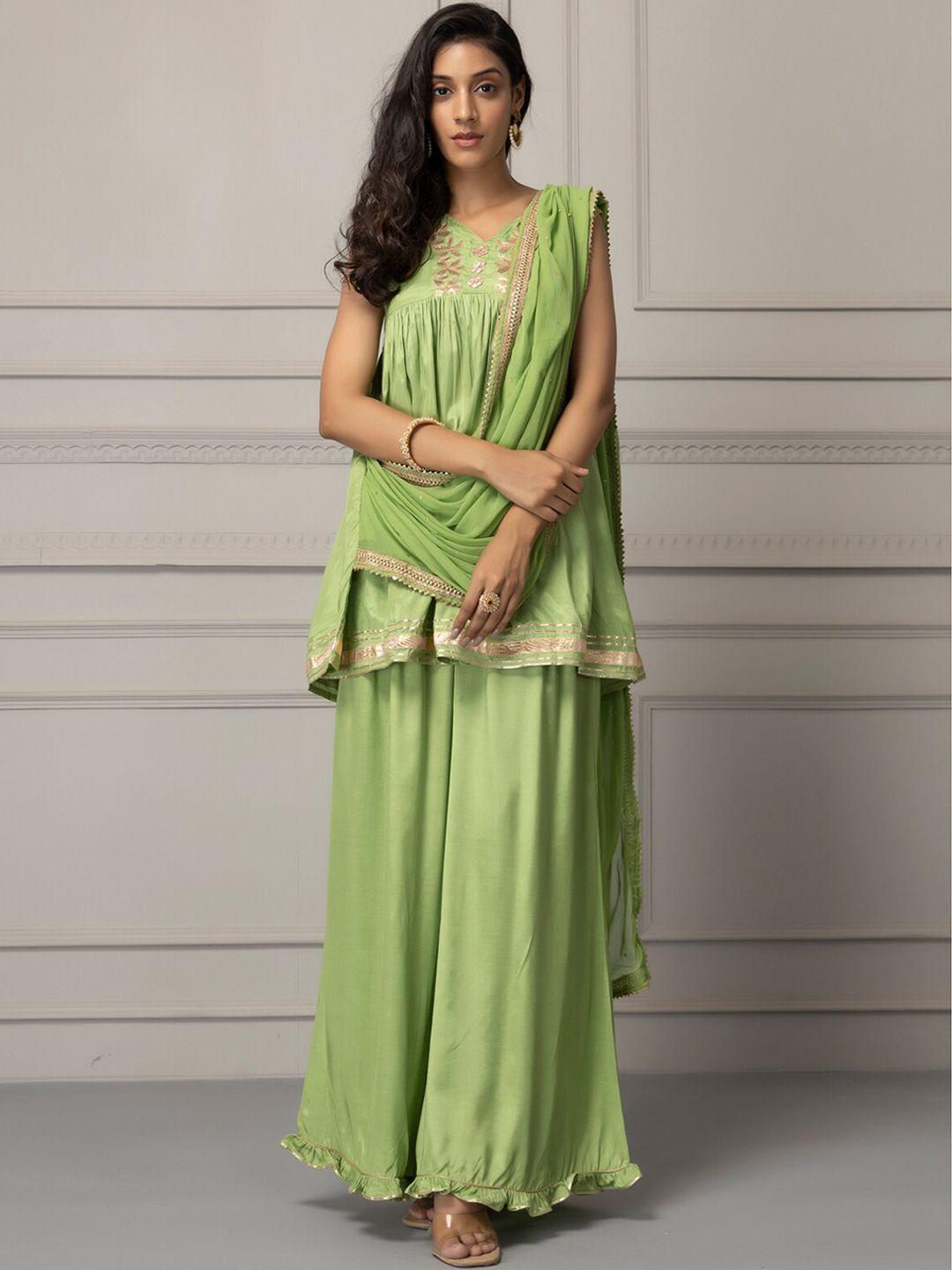 geroo jaipur women green floral thread work top with palazzos & with dupatta