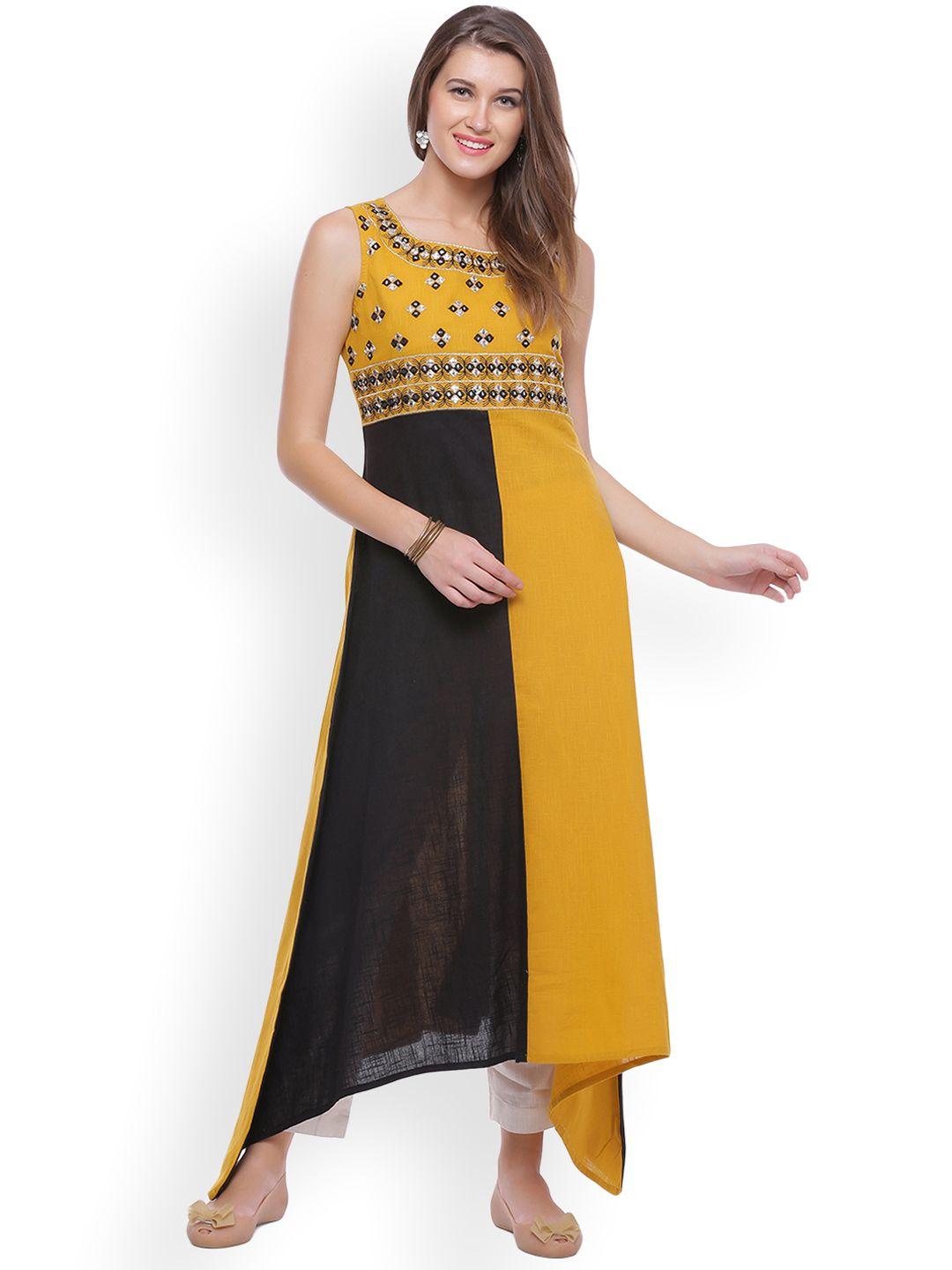 geroo jaipur yellow & black hand embroidered cotton kurta