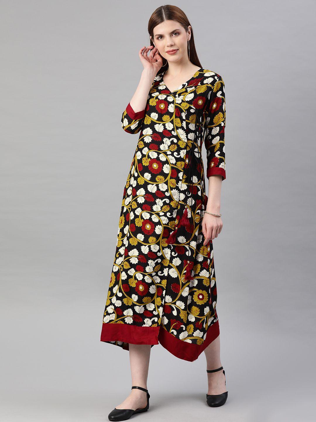 geroo jaipur yellow & black kalamkari hand block printed rayon sustainable dress