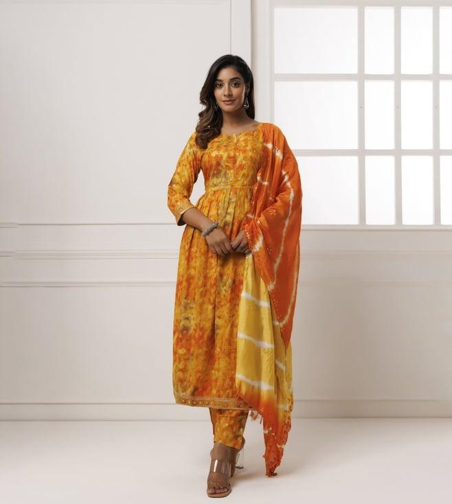 geroo jaipur yellow & orange cotton-rayon embroidered kurta and pant with silk dupatta