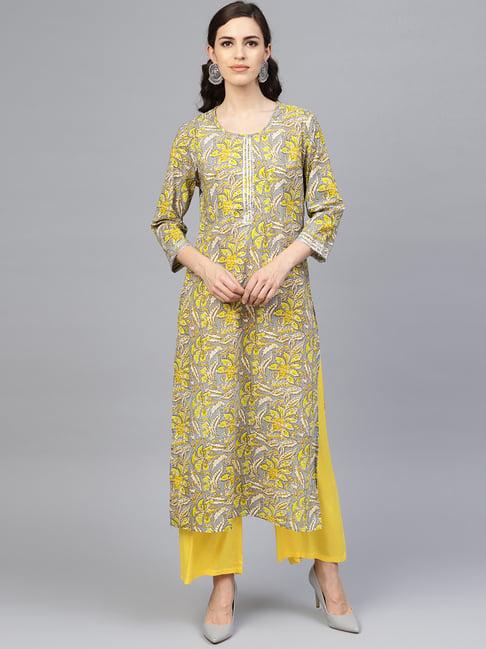 geroo jaipur yellow hand block printed straight pure cotton kurta