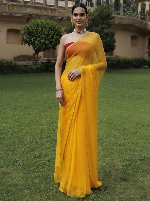 geroo jaipur yellow hand dyed plain chiffon saree with jacquard blouse