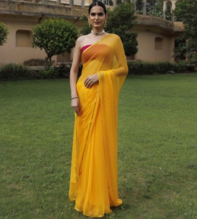 geroo jaipur yellow hand dyed plain chiffon saree with jacquard blouse