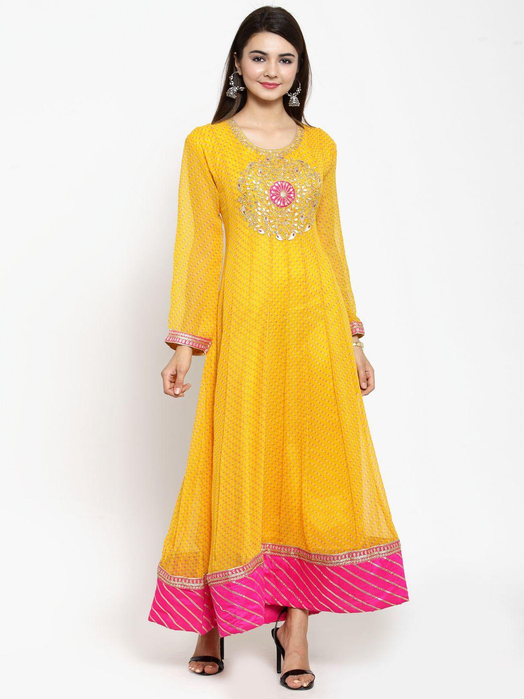 geroo jaipur yellow hand embroidered georgette anarkali kurta