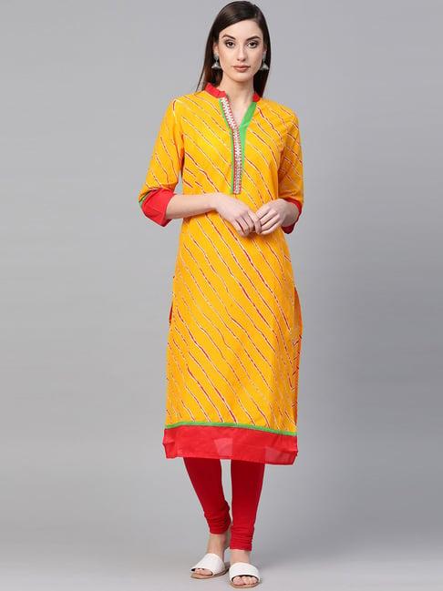 geroo jaipur yellow leheriya straight cotton kurta