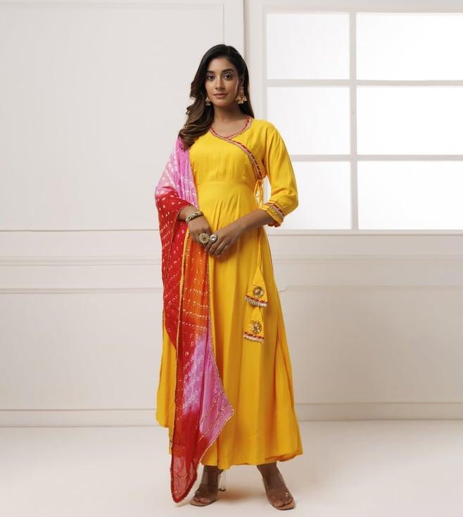 geroo jaipur yellow rayon handcrafted gota patti kurta with palazzo and dupatta