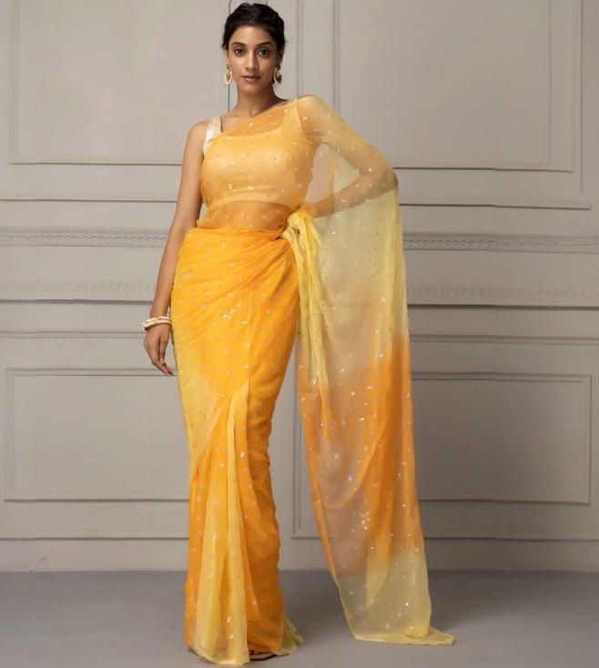 geroo jaipur yellow shaded hand embroidered chiffon saree