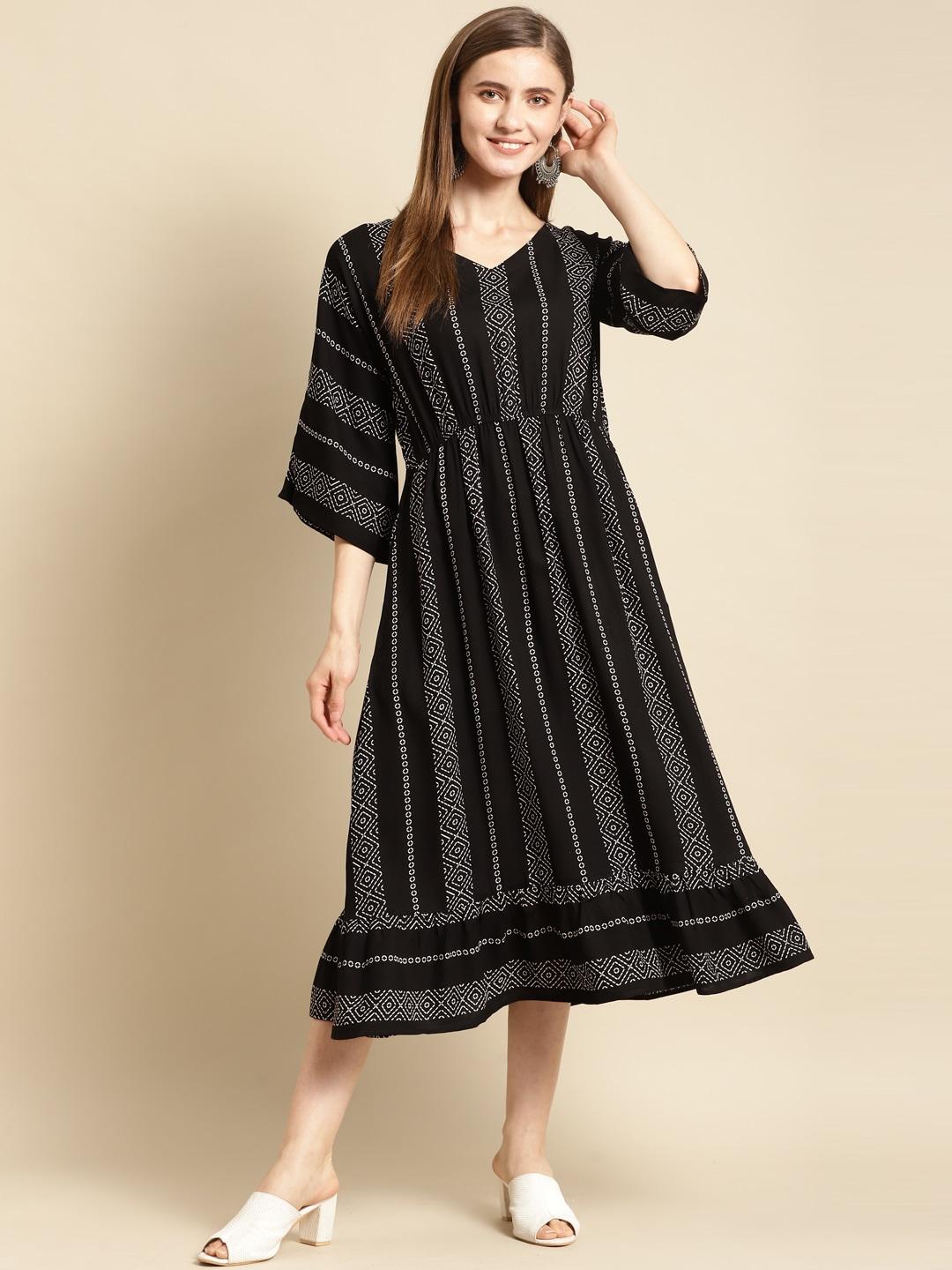 gerua black & white geometric printed a-line midi dress
