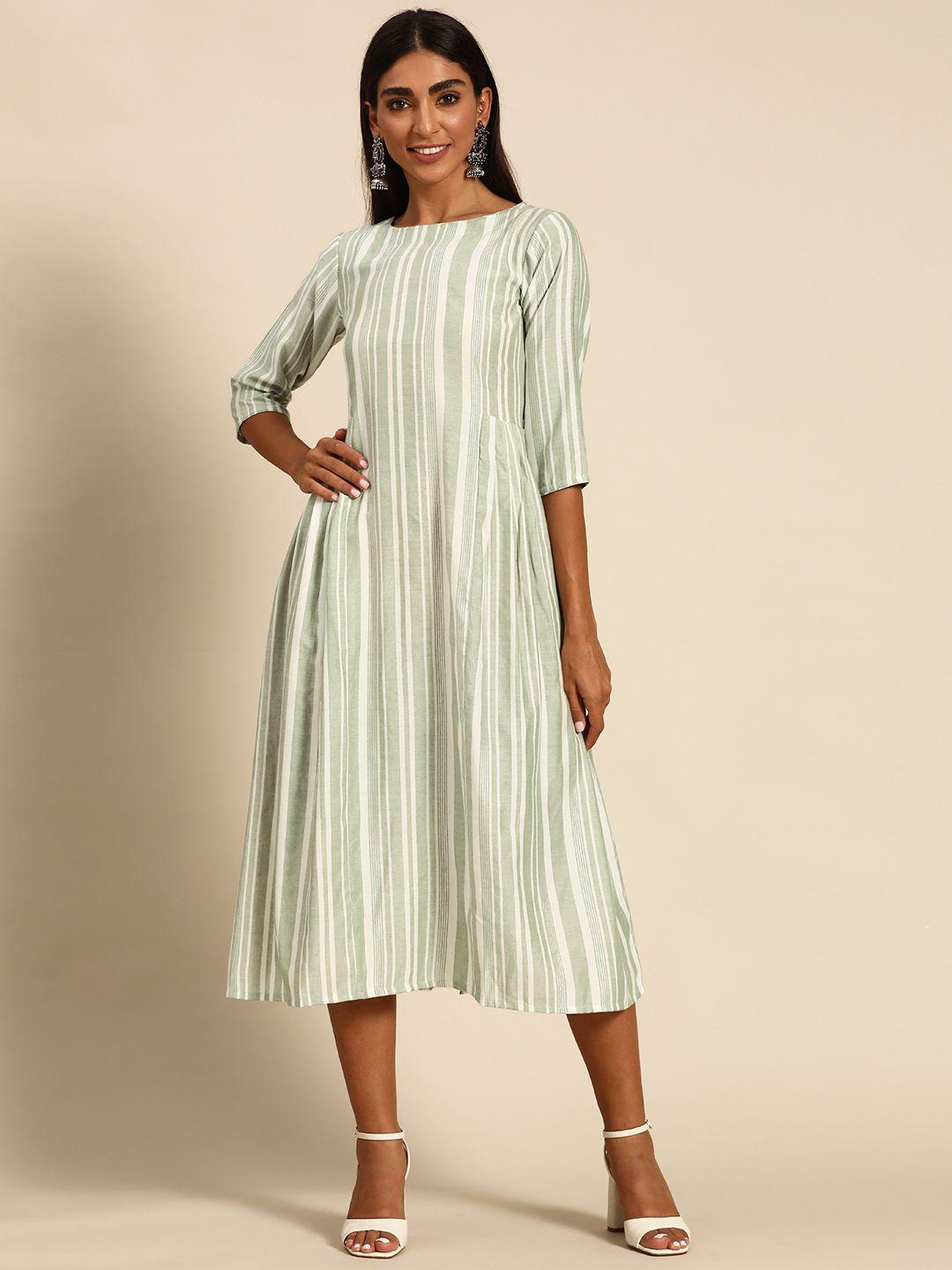 gerua green & white striped cotton a-line midi dress