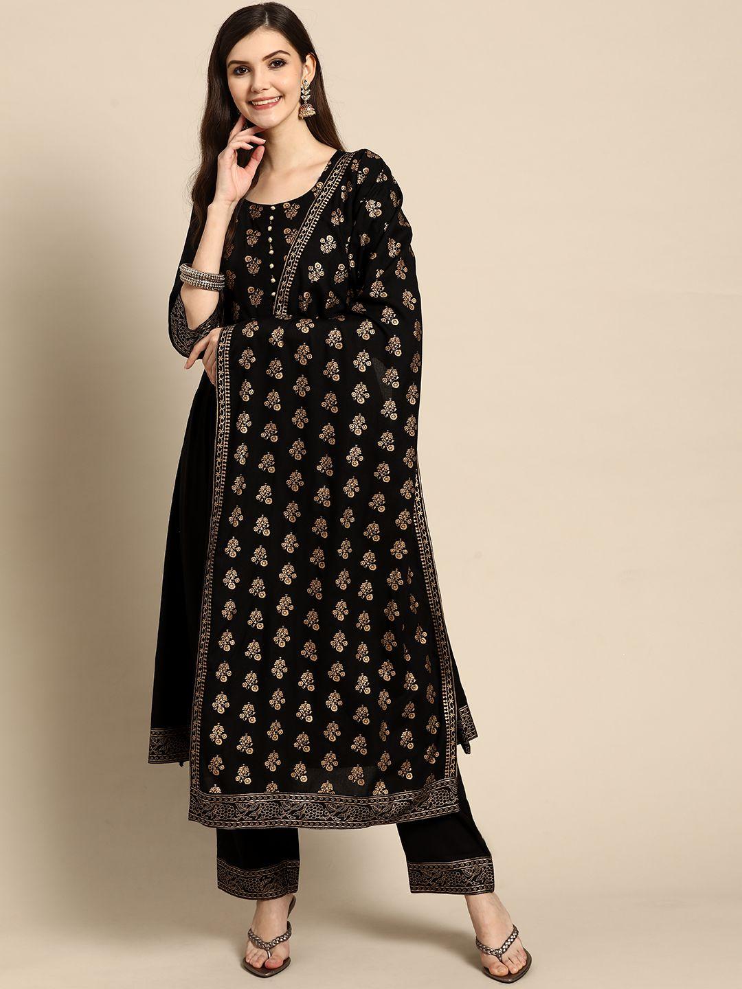 gerua women black floral yoke design pleated kurta with trousers & with dupatta