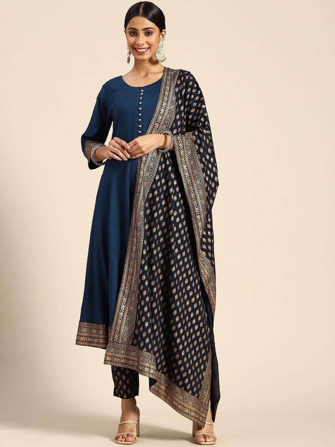 gerua women blue printed empire kurta with trousers & with dupatta